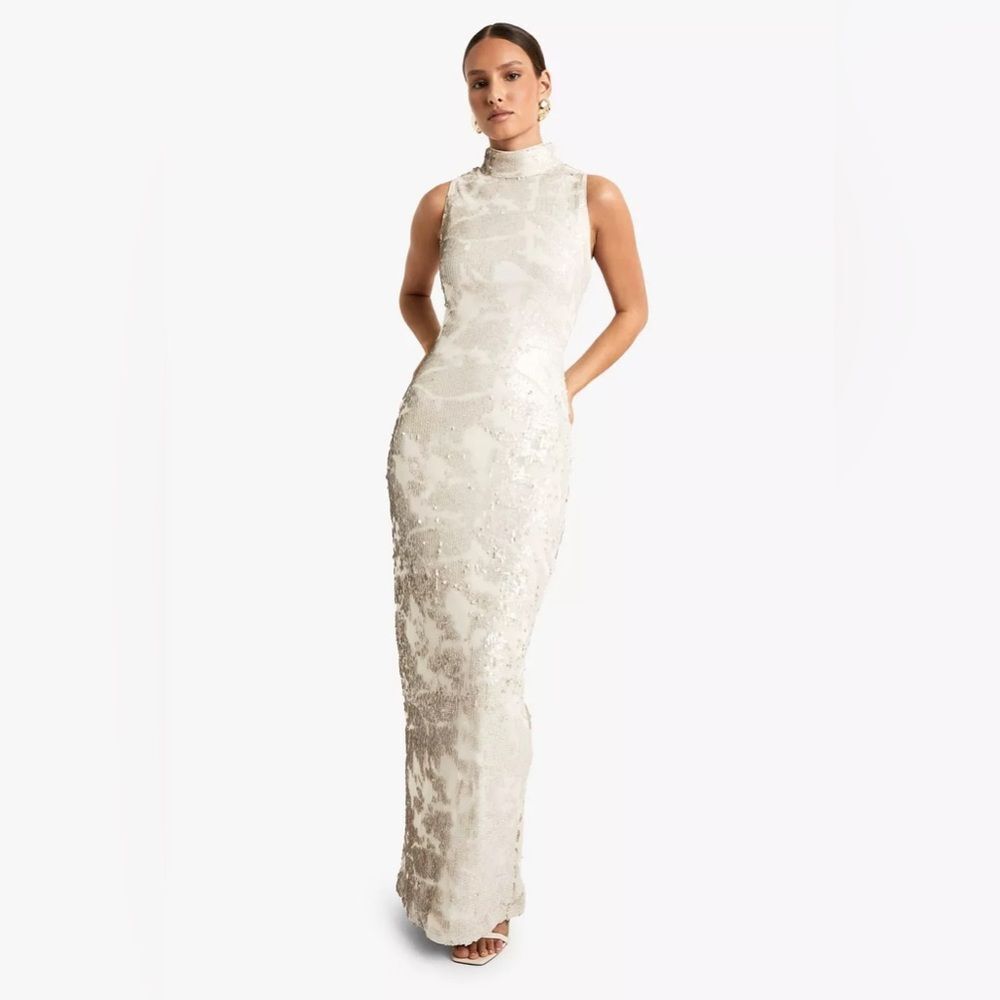 Women’s Boohoo Demask Sequin High Neck Column Maxi Dress | US 6 | Nude/Ivory